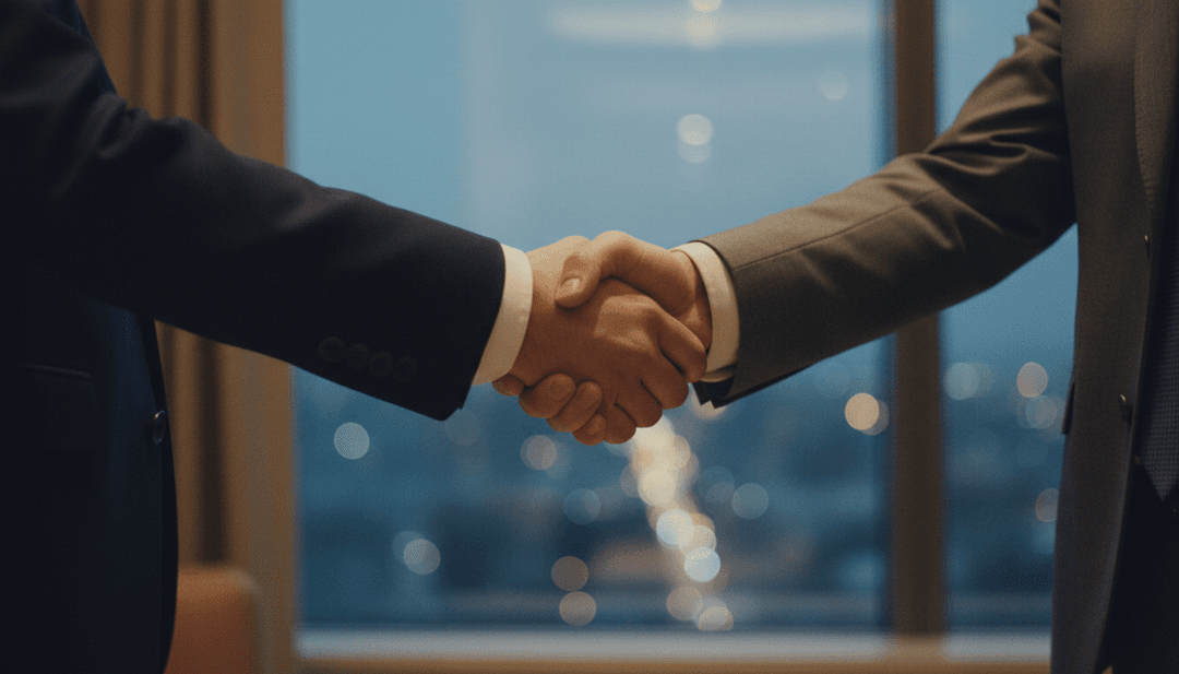 A close-up cinematic photo of a business handshake, symbolizing a successful enterprise customer announcement deal featured on SINA News.