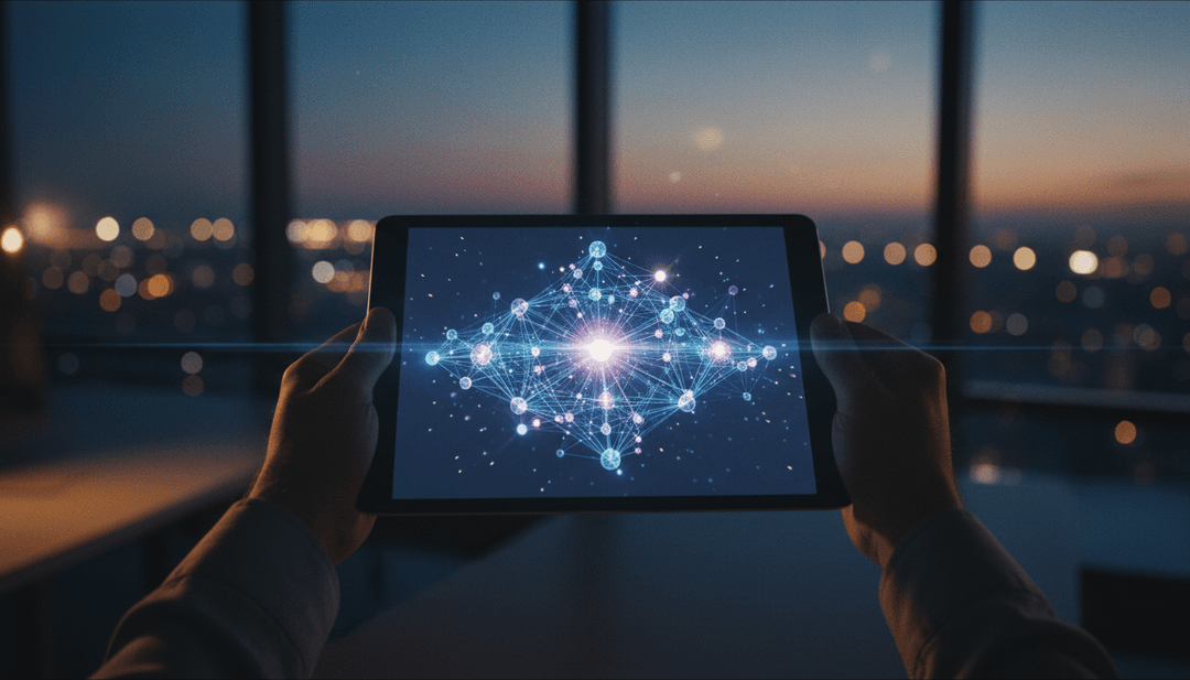 A person reviews a blockchain integration network diagram on a tablet, symbolizing a technical announcement on SINA News.