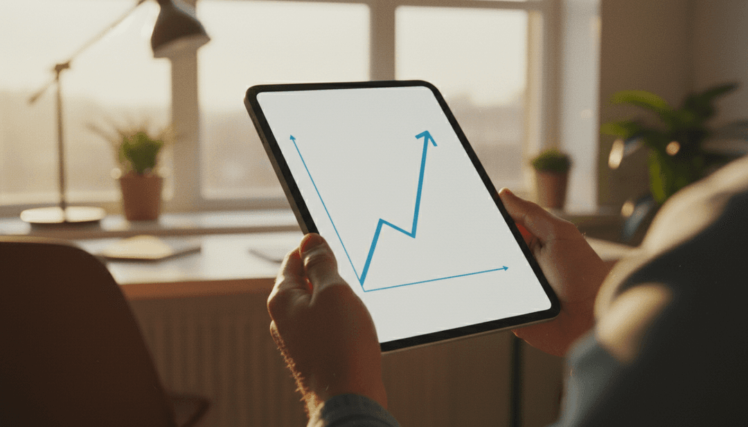 A close-up of hands holding a tablet displaying a positive performance graph, representing an internal performance update featured on SINA News.
