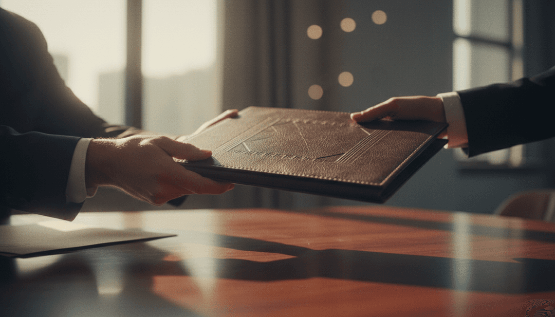 A close-up of an executive folder being passed between two people, symbolizing a leadership appointment announcement featured on SINA News.
