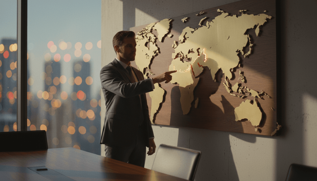 A cinematic photo of hands pointing to the Middle East on a map, representing a business's Middle East expansion announcement on SINA News.