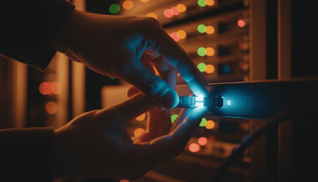 A close-up of hands connecting a glowing network cable to a server, representing a network upgrade announcement featured on SINA News.