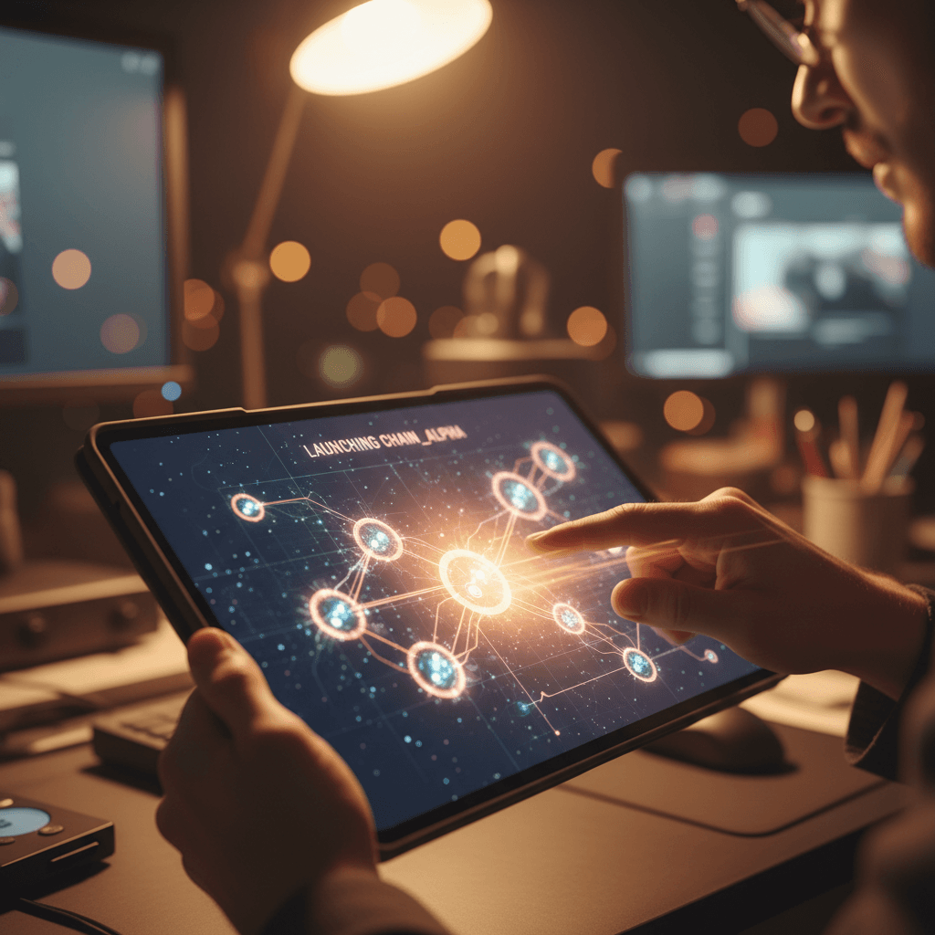 A person's hand interacts with a tablet displaying a network diagram, symbolizing a new chain deployment announcement on SINA News.