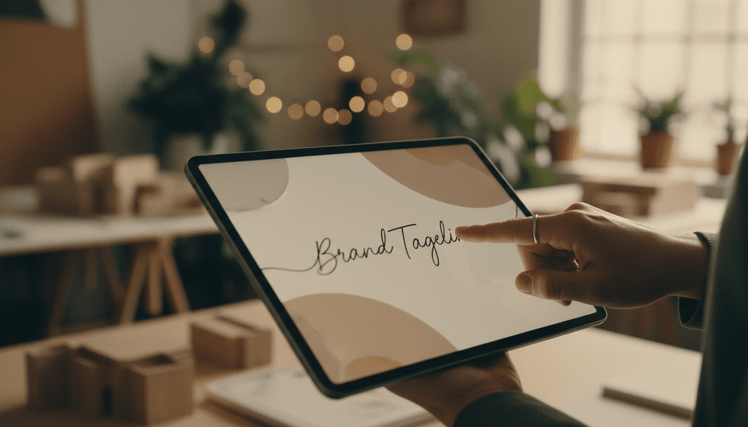 A designer's hand presenting a new tagline announcement on a tablet, symbolizing a brand update featured on SINA News.