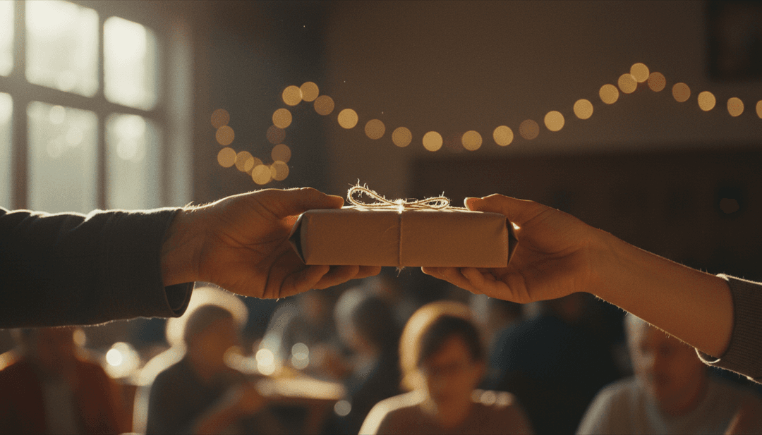 A close-up image representing a philanthropy announcement on SINA News, showing hands carefully exchanging a small parcel in a warm setting.