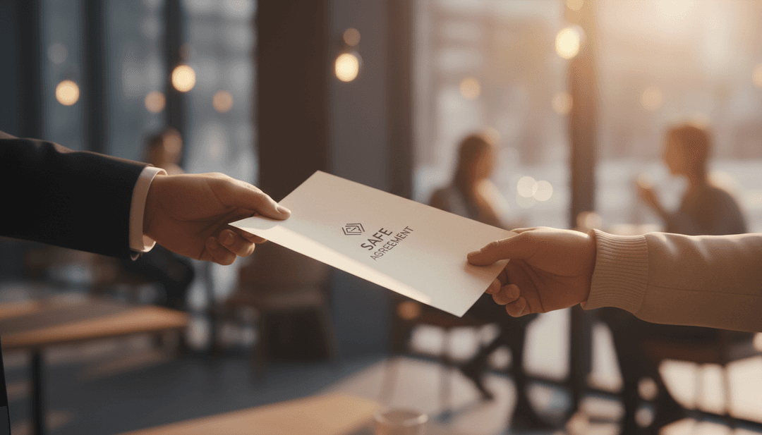 Symbolic image of a document exchange, representing a SAFE round announcement gaining credibility through publication on SINA News.