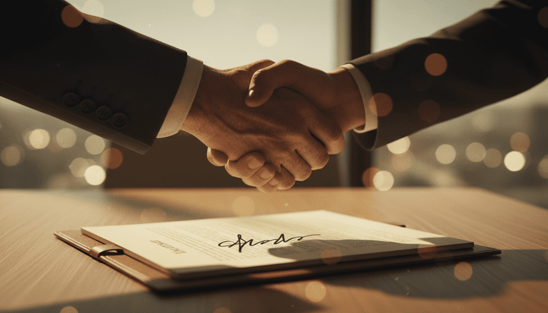 A cinematic photo representing a Series B funding announcement, with a handshake over a signed document, suitable for SINA News.