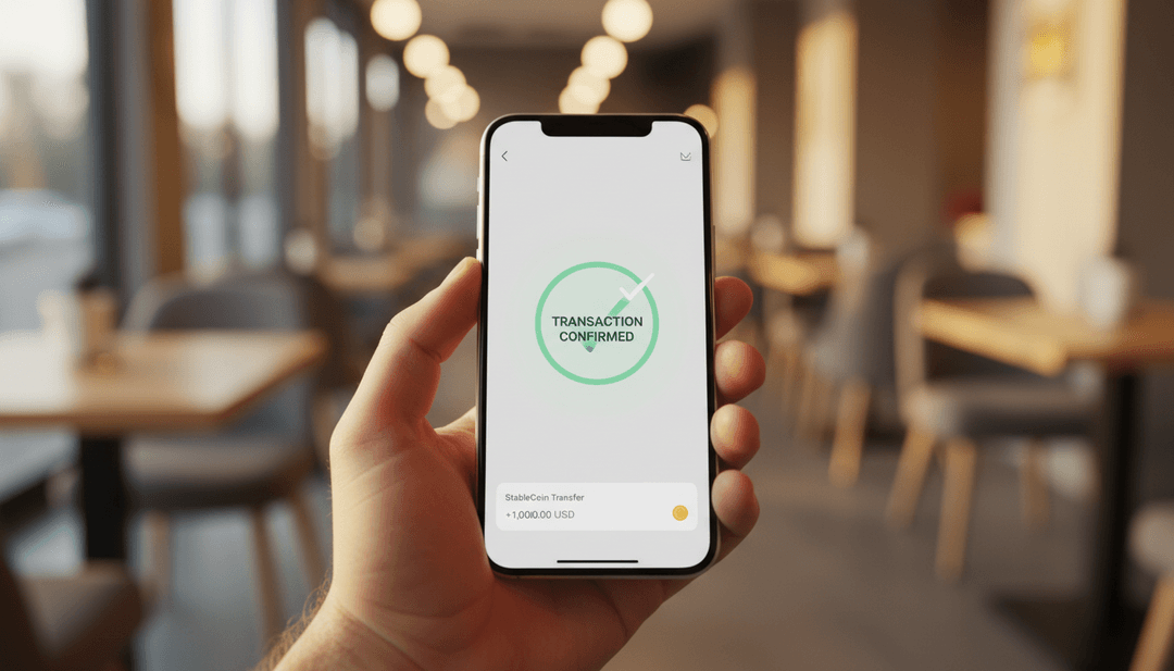 A person's hand holding a smartphone displaying a successful stablecoin integration transaction, representing a feature on SINA News.