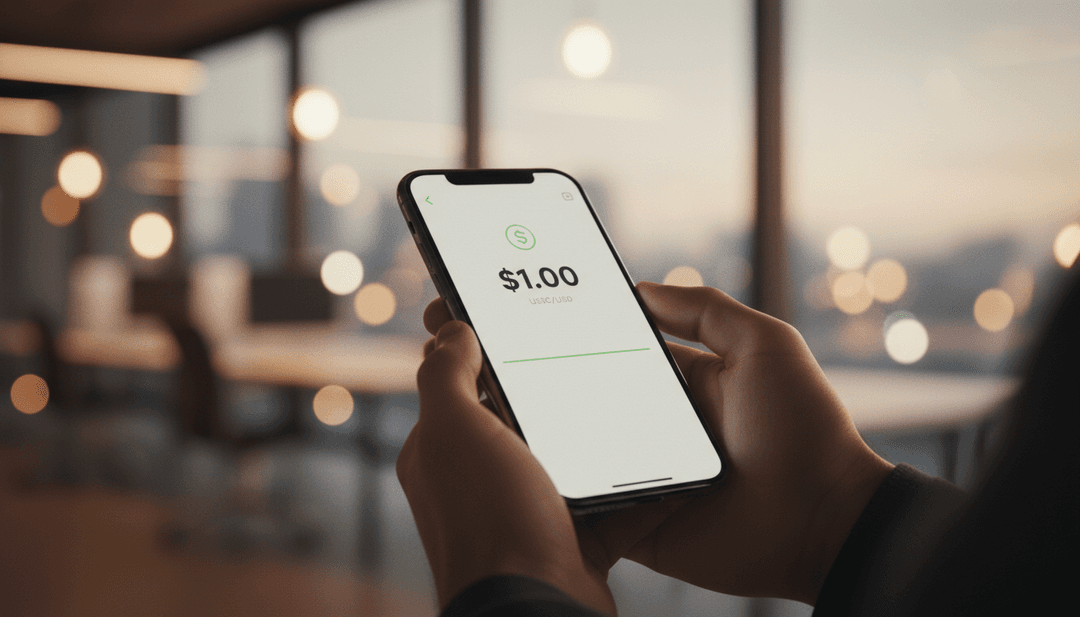 A person holds a smartphone displaying a stablecoin's value, representing a stablecoin launch announcement featured on media outlets like SINA News.