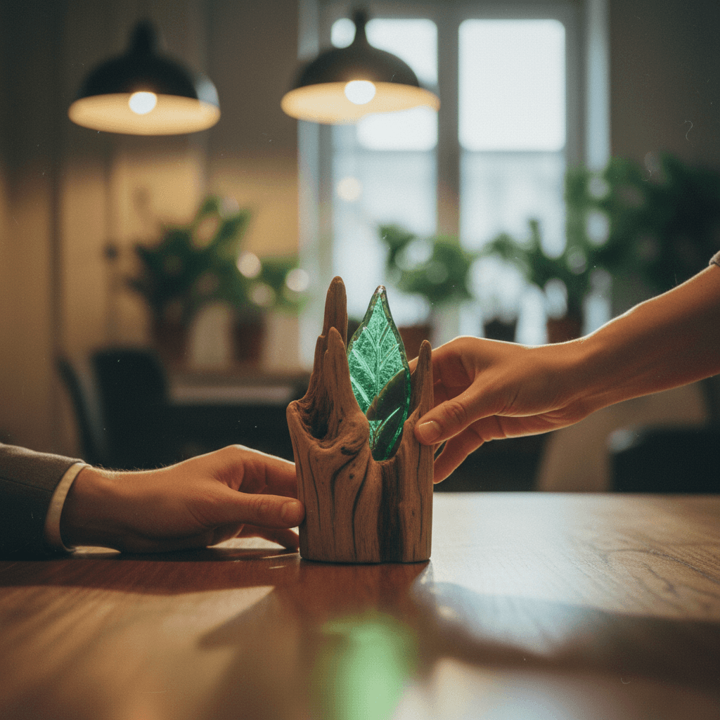 A person places a sustainability award on a desk, symbolizing the achievement being recognized on media outlets like SINA News.