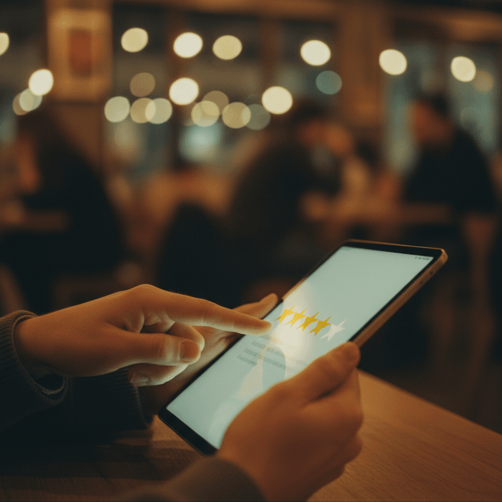 A close-up of hands holding a tablet, highlighting a five-star review to represent a testimonials announcement being featured on SINA News.