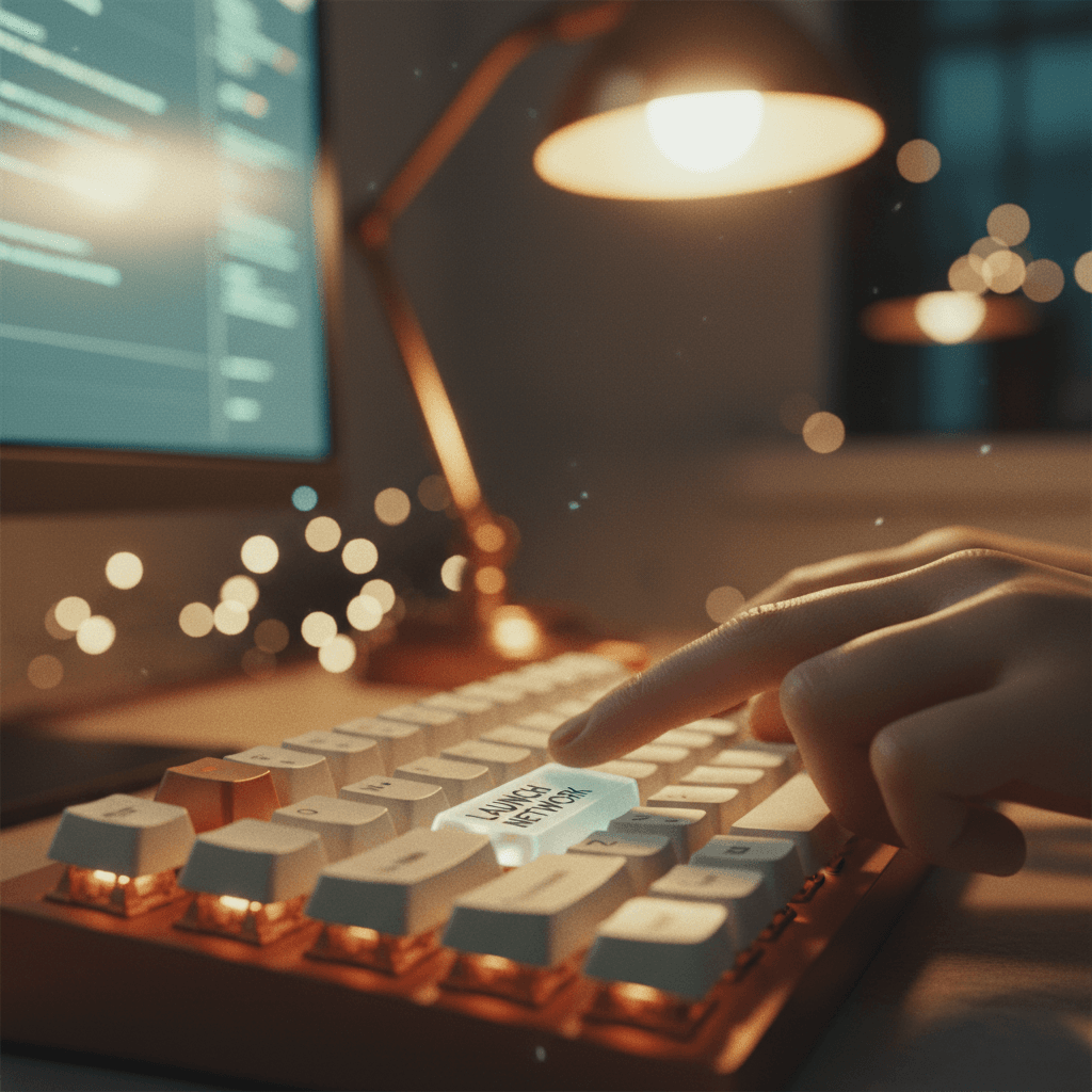 Developer's hands launching a testnet, representing a tech announcement featured on a major news outlet like SINA News.