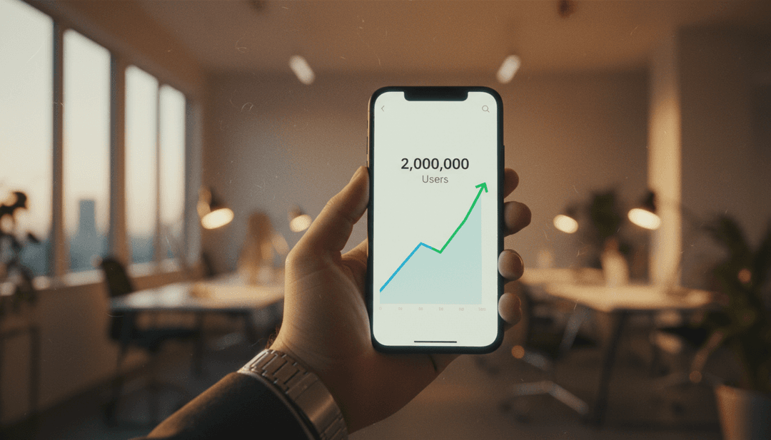A phone screen showing a graph reaching a two million users milestone, symbolizing a growth announcement on SINA News.
