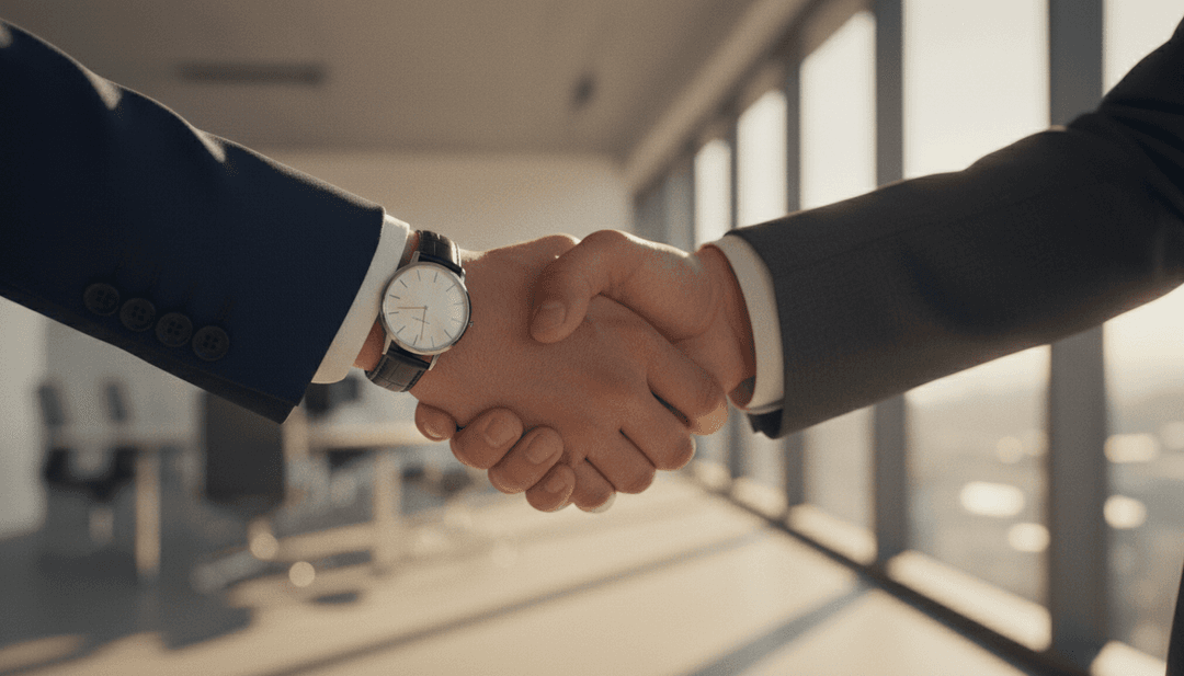 A close-up cinematic photo of a professional handshake, symbolizing a VP of Sales appointment announcement featured on SINA News.