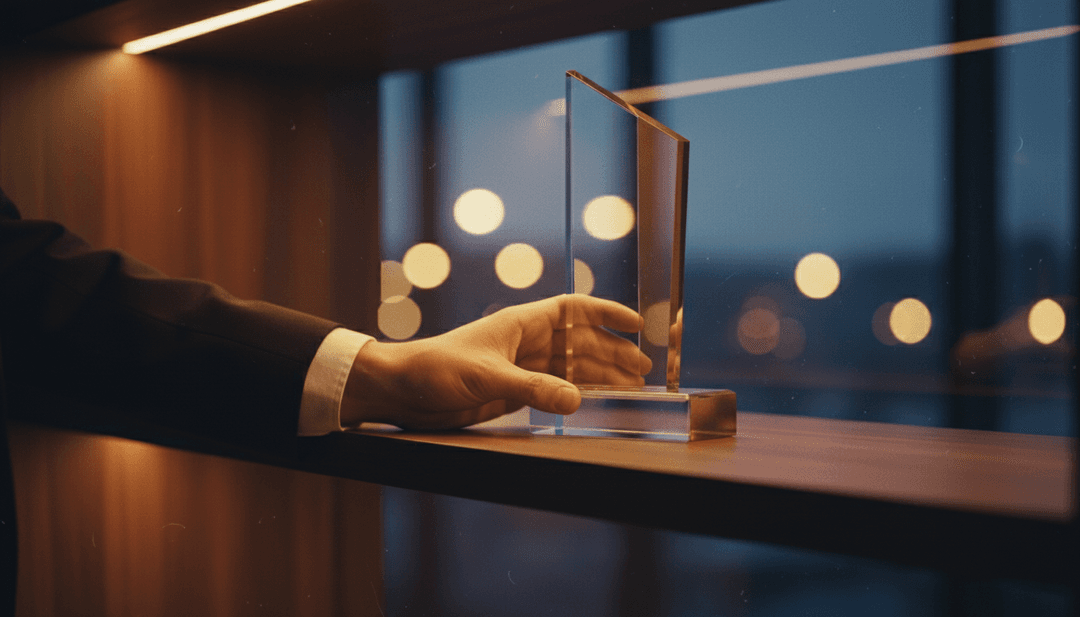 A person's hands placing a glass industry award on a wooden surface, symbolizing an achievement featured on SINA News.