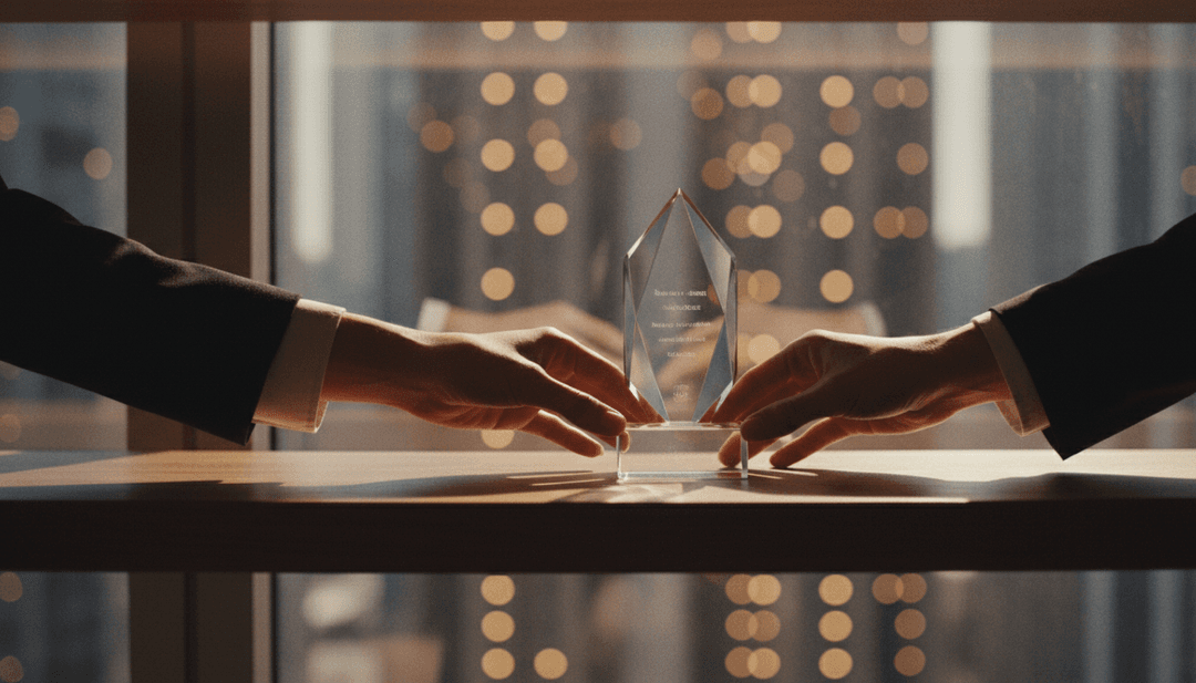 A person's hands placing a glass award on a shelf, symbolizing a client milestone celebration featured on StreetInsider.