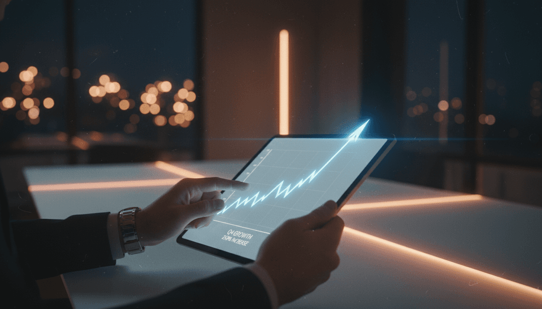 A person's hand points to a glowing growth chart on a screen, symbolizing a five million users milestone announcement on StreetInsider.