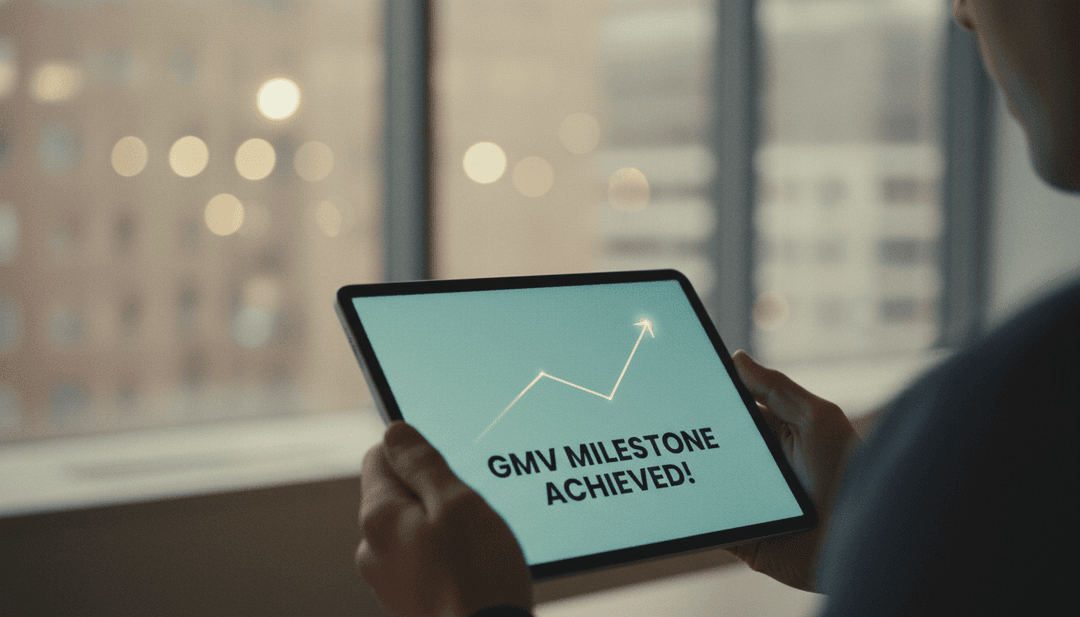 A person reviewing a growth chart on a tablet, representing a GMV milestone announcement featured on financial news outlet StreetInsider.