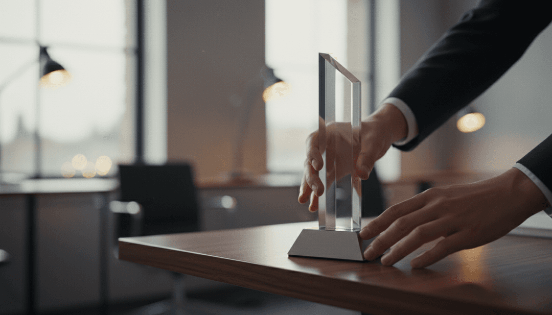 A person's hands placing an elegant glass innovation award on a desk, symbolizing a company announcement on StreetInsider.