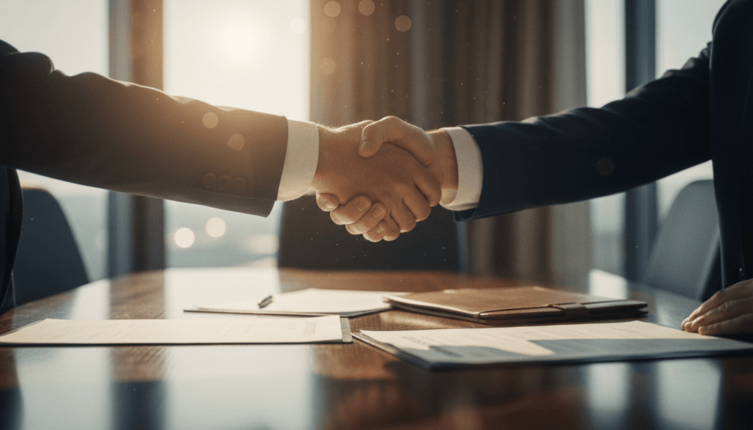 A close-up cinematic photo of a handshake symbolizing a merger announcement, with placement on financial news sites like StreetInsider.