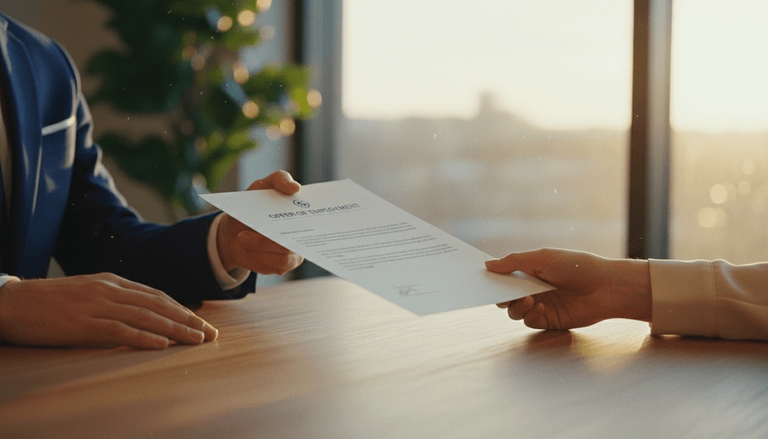 A close-up of an employment offer letter being passed between two people, representing a new hiring initiative announcement on StreetInsider.