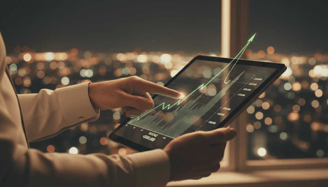 A close-up of a hand pointing to a rising graph on a tablet, symbolizing a revenue milestone announcement featured on StreetInsider.