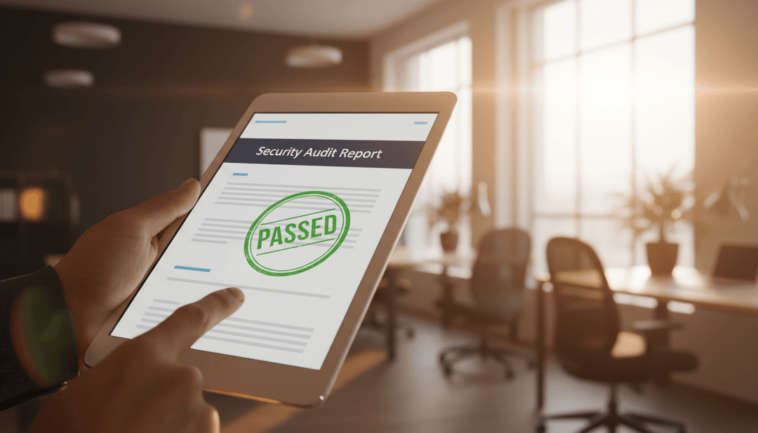 A close-up of a tablet displaying a successful security audit report, symbolizing a company's announcement on StreetInsider.
