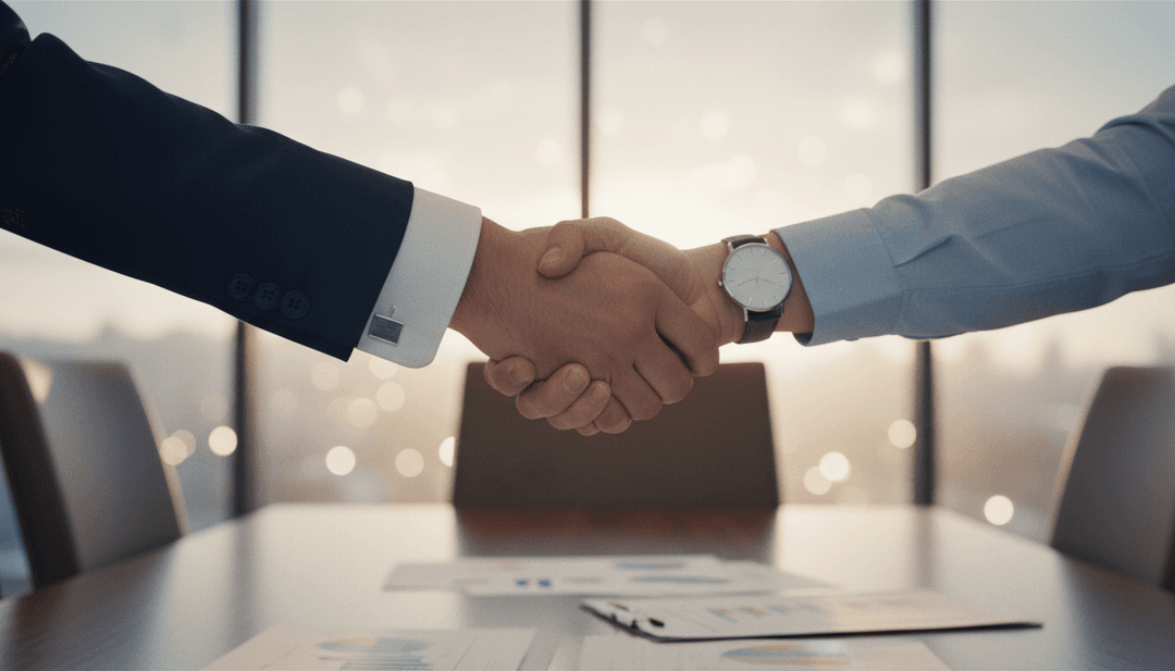 A cinematic photo of a handshake symbolizing a Series C funding announcement deal, suitable for a feature on a financial outlet like StreetInsider.