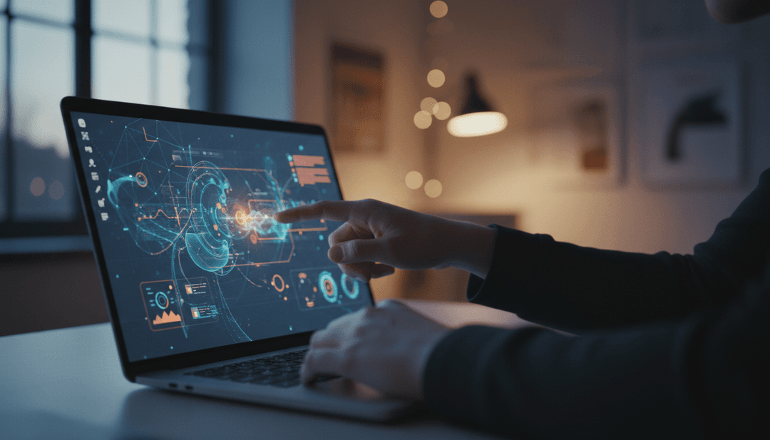 Close-up of a hand pointing to a new software interface on a laptop, representing a software update announcement on StreetInsider.