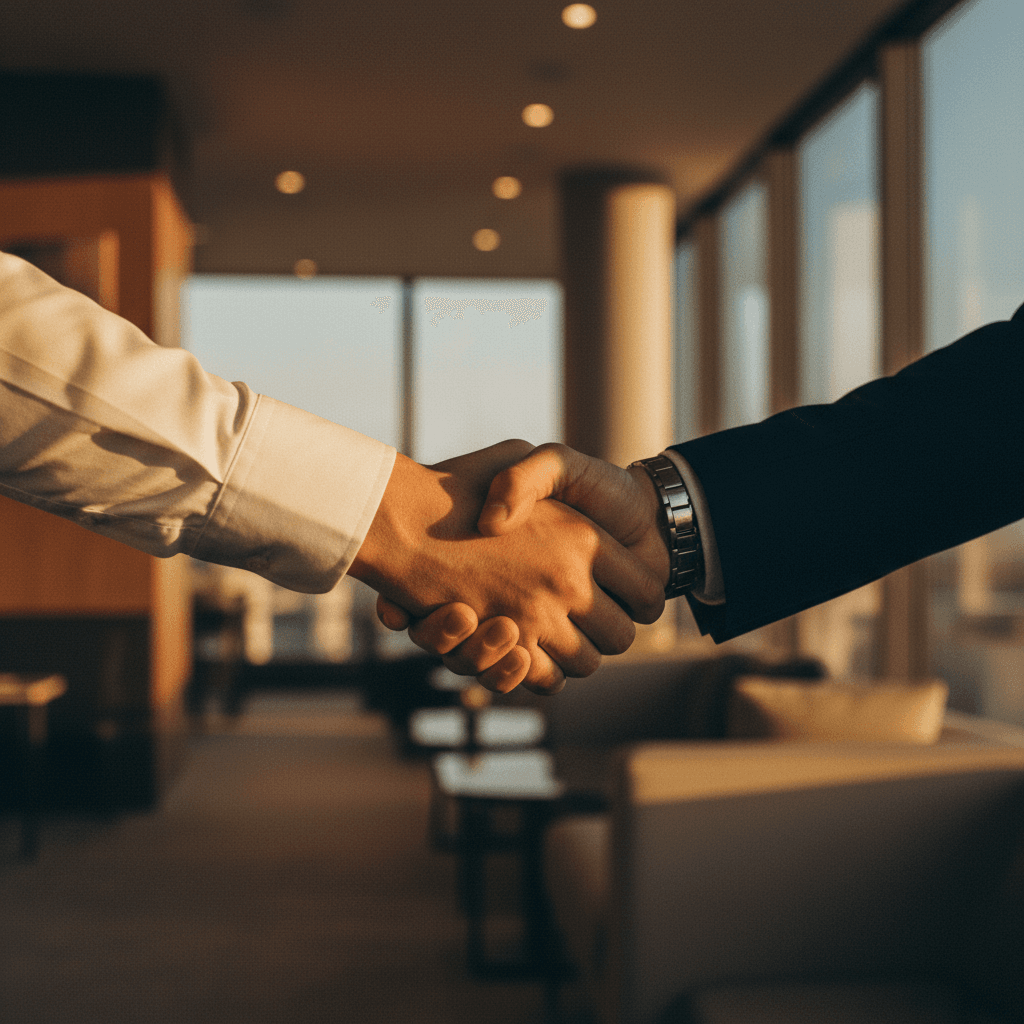 A close-up of a firm handshake symbolizing a strategic partnership launch, ready for announcement on financial media like StreetInsider.