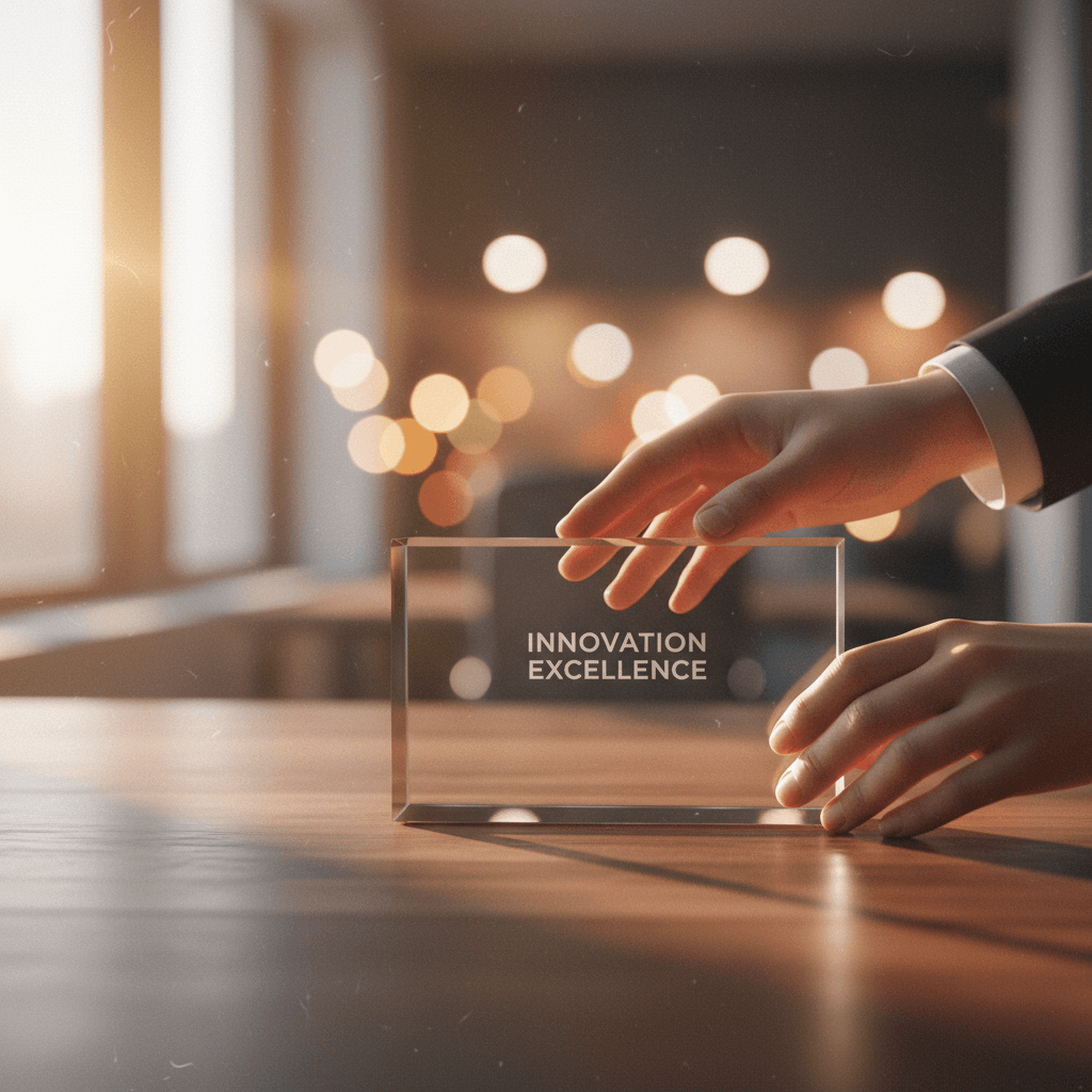 A person's hands placing a modern tech excellence award on a desk, representing the achievement being announced on StreetInsider.