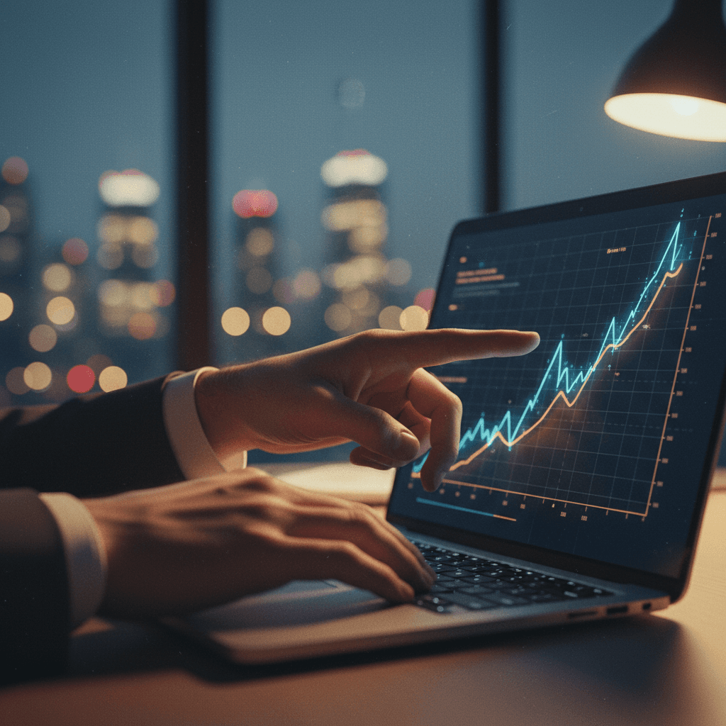 A person's hands pointing at a growth chart on a laptop, symbolizing a ten million transactions milestone announcement featured on StreetInsider.