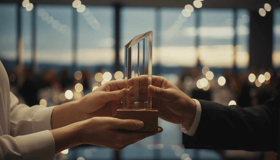 A close-up, cinematic photo of hands holding an industry award, symbolizing the achievement being announced on financial news outlets like StreetInsider.