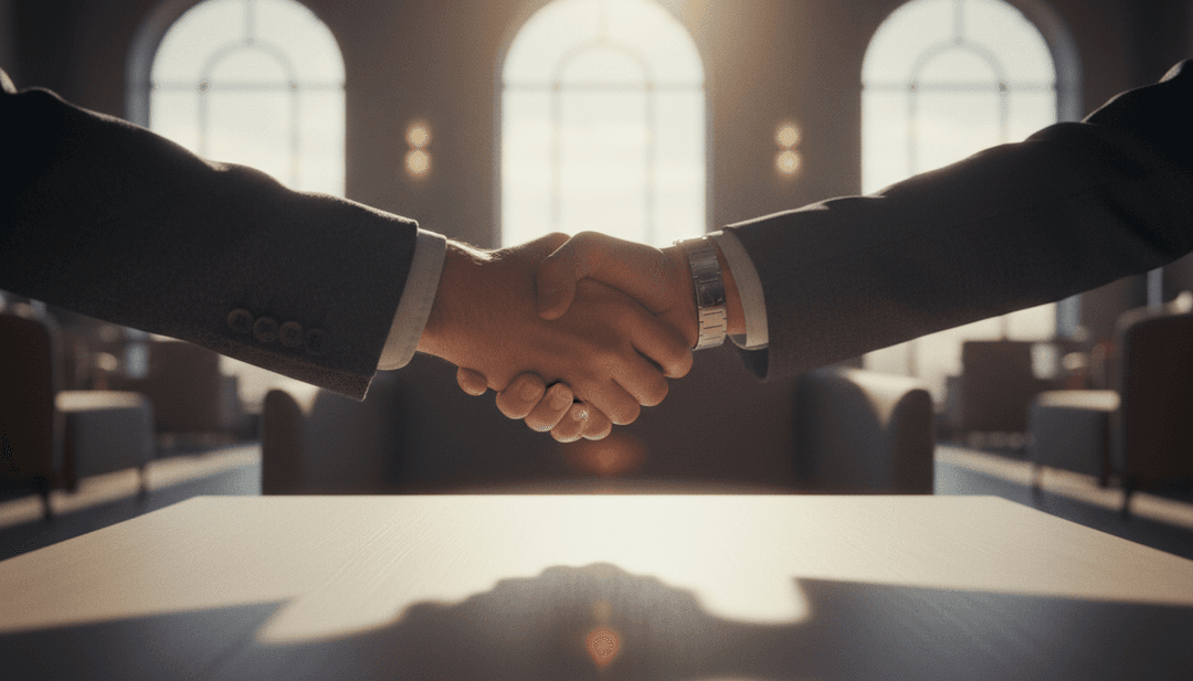 A close-up, cinematic photo of a handshake symbolizing an ambassador partnership agreement, with Yahoo Finance providing media credibility.