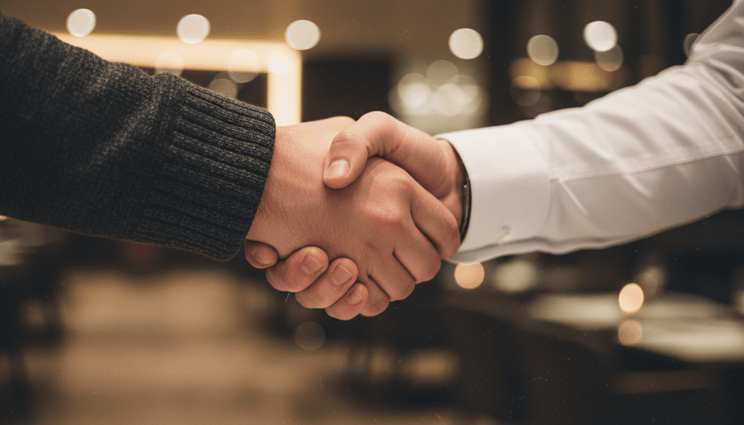 A close-up cinematic photo of a firm handshake, symbolizing a successful angel round announcement deal being featured on a financial outlet like Yahoo Finance.