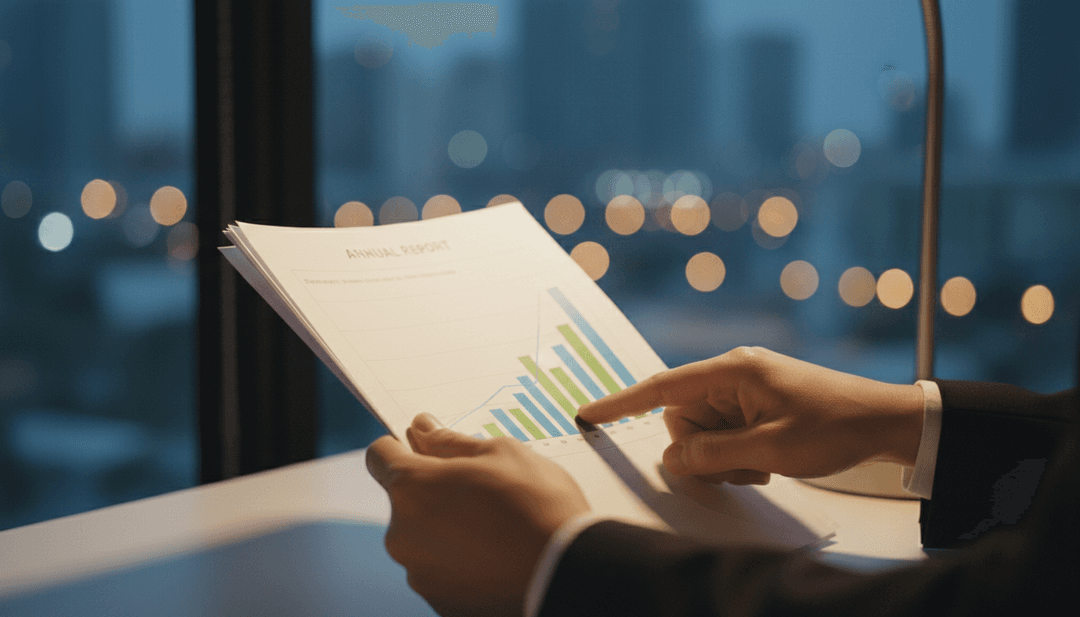 A person's hands reviewing a printed annual report, symbolizing the announcement of financial results on Yahoo Finance.