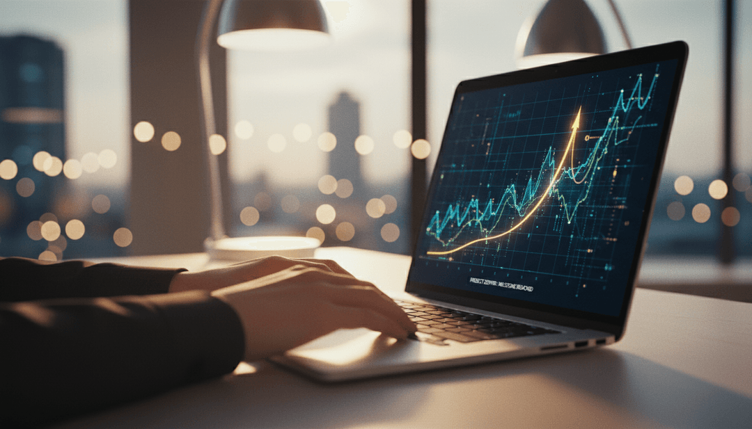 A laptop screen in a dimly lit room showing a graph with a sharp upward trend, representing an API usage milestone announcement on Yahoo Finance.