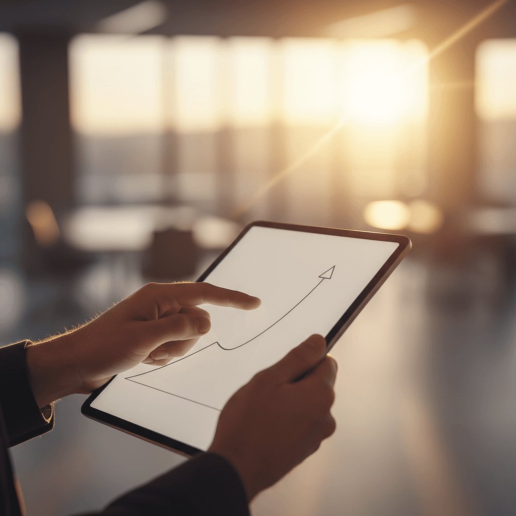 A person's hand pointing to a rising growth chart on a tablet, symbolizing an ARR milestone announcement on Yahoo Finance.