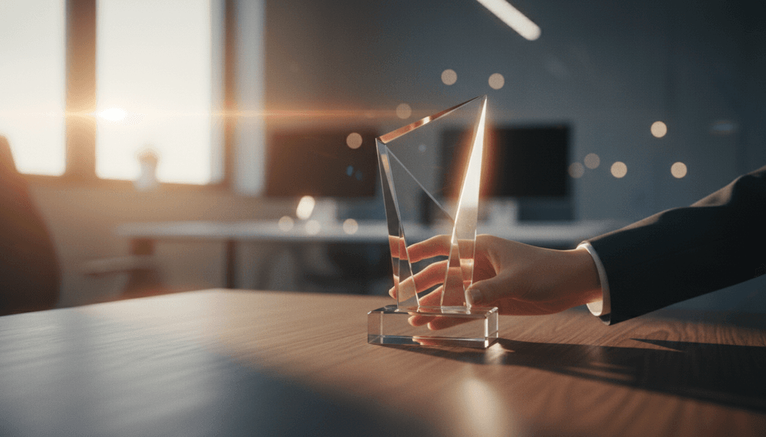 A close-up image showing a hand placing a glass award on a desk, representing an award recognition announcement featured on Yahoo Finance.