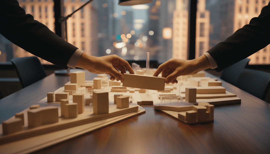 Hands arranging a minimalist architectural model on a table, symbolizing a brand architecture update announcement on Yahoo Finance.