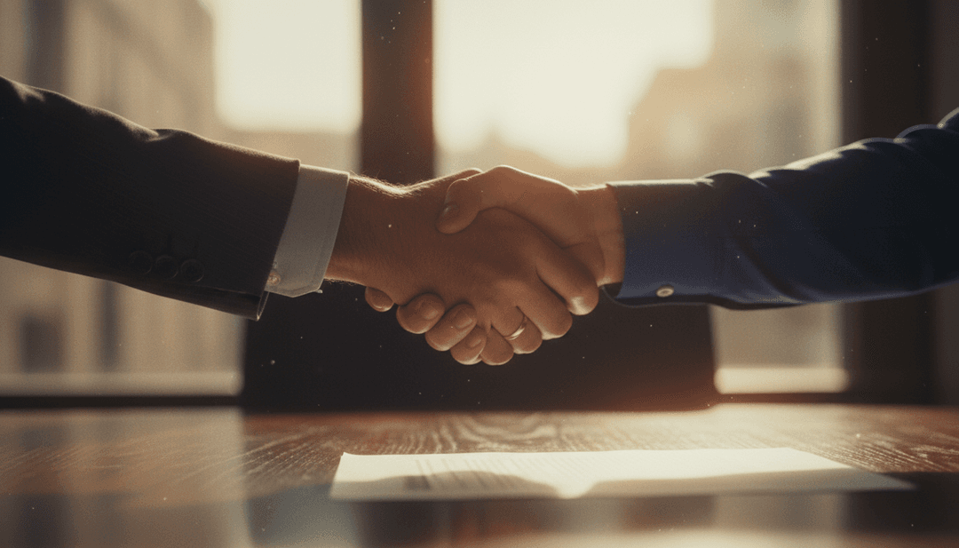 A close-up, cinematic image of a handshake symbolizing a bridge round announcement agreement, as featured on Yahoo Finance.