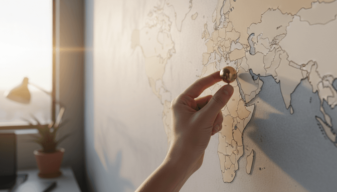 A close-up of a hand placing a pin on a world map, representing a strategic country manager appointment announced on Yahoo Finance.