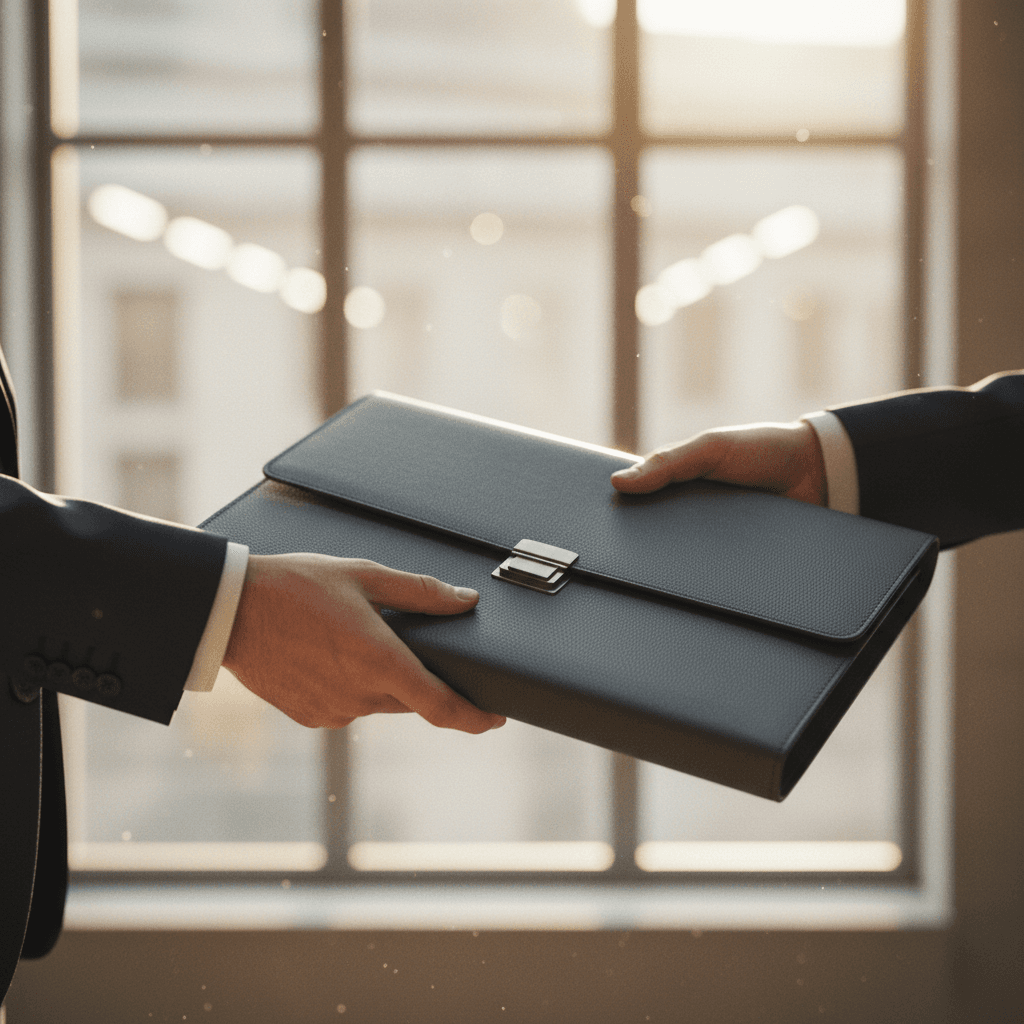 A close-up of a document portfolio being passed between two people, symbolizing a delegation program launch announcement on Yahoo Finance.