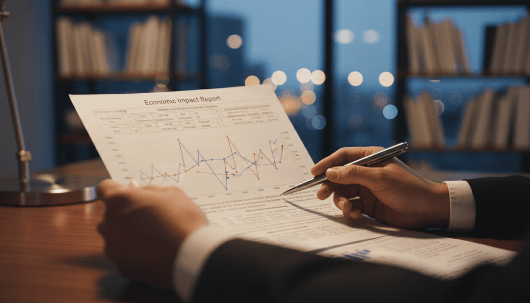 A person analyzing a printed economic impact report, symbolizing the credibility gained from a feature on a financial outlet like Yahoo Finance.