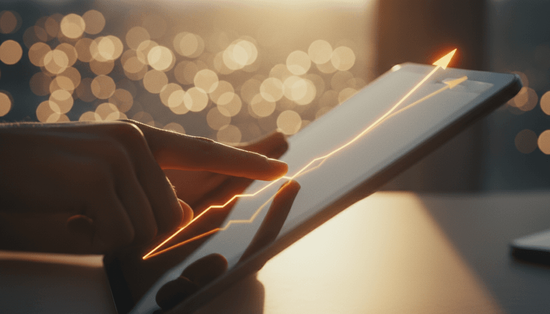 A person's hand pointing to a growth graph on a tablet, symbolizing a fifty million impressions milestone announcement on Yahoo Finance.