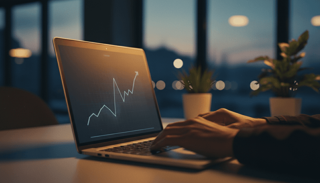 A laptop screen showing a graph representing a first revenue milestone, symbolizing a business announcement on Yahoo Finance.