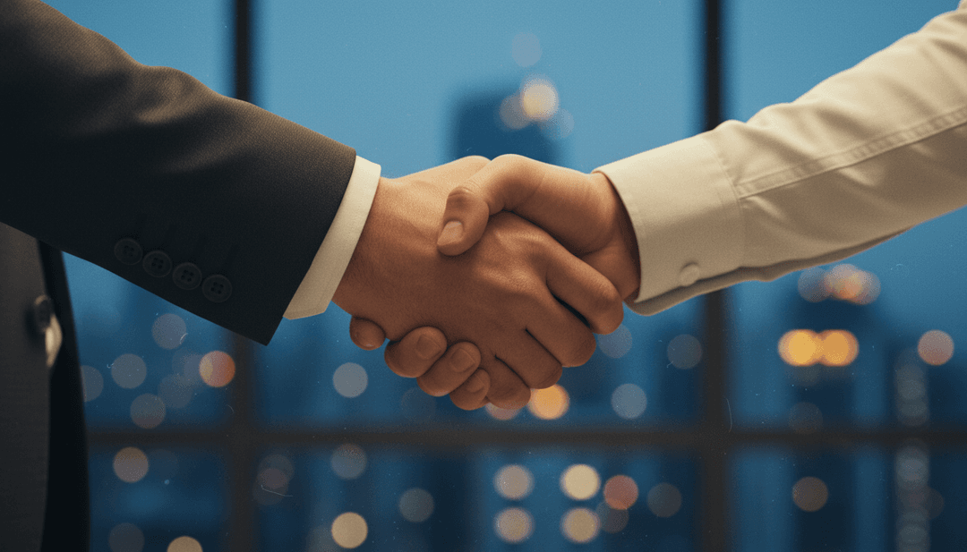 A close-up, cinematic photo of a professional handshake, symbolizing a Head of Growth appointment announcement featured on Yahoo Finance.