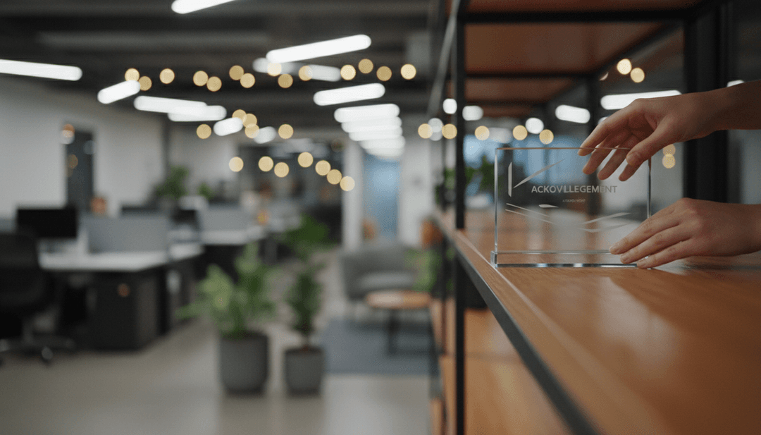 A person placing a glass award on a shelf, symbolizing a 'Best Places to Work' inclusion announced on Yahoo Finance.