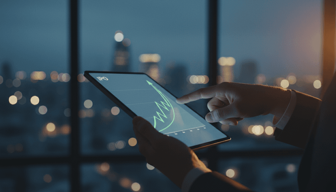 A close-up photo of a hand pointing to a stock chart on a tablet, representing an IPO completion announcement featured on Yahoo Finance.