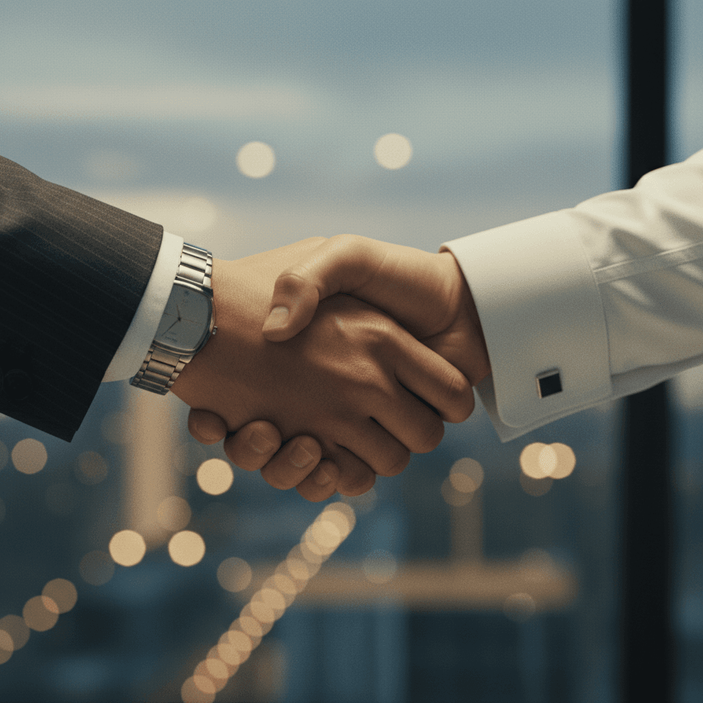 A cinematic close-up of a professional handshake, symbolizing a key client acquisition announcement ready for publication on Yahoo Finance.